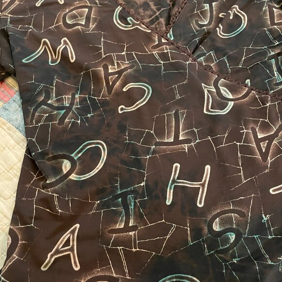 2000s y2k Steps Brand Deep V Wrap Alphabet Print Slinky Knit Bell Sleeve Large - Picture 13 of 16